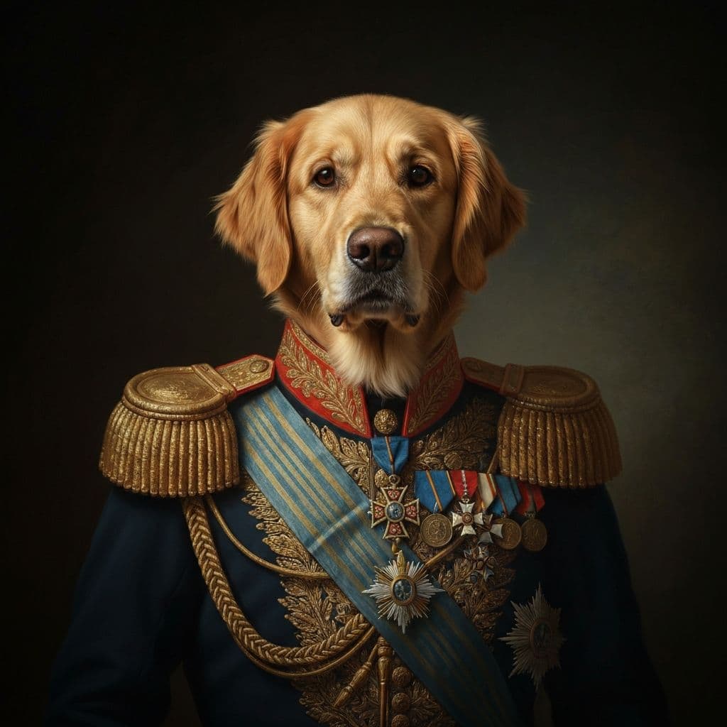 Golden retriever in royal military uniform