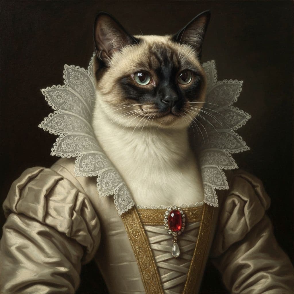 Siamese cat in duchess gown