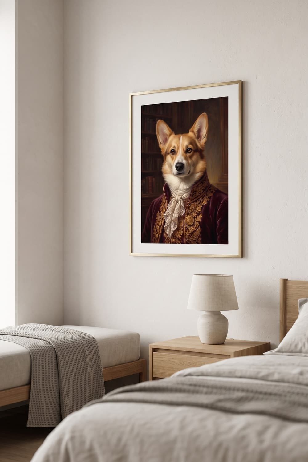 Renaissance-style portrait of a corgi displayed in a bedroom