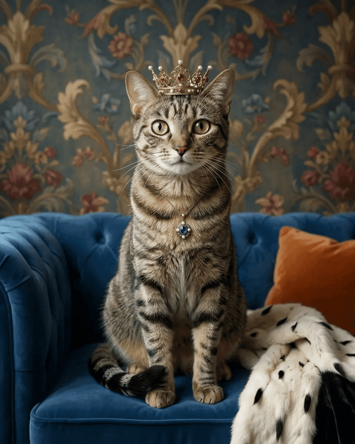 Tabby cat wearing a jewelled crown and pendant, seated on a blue velvet sofa against damask wallpaper