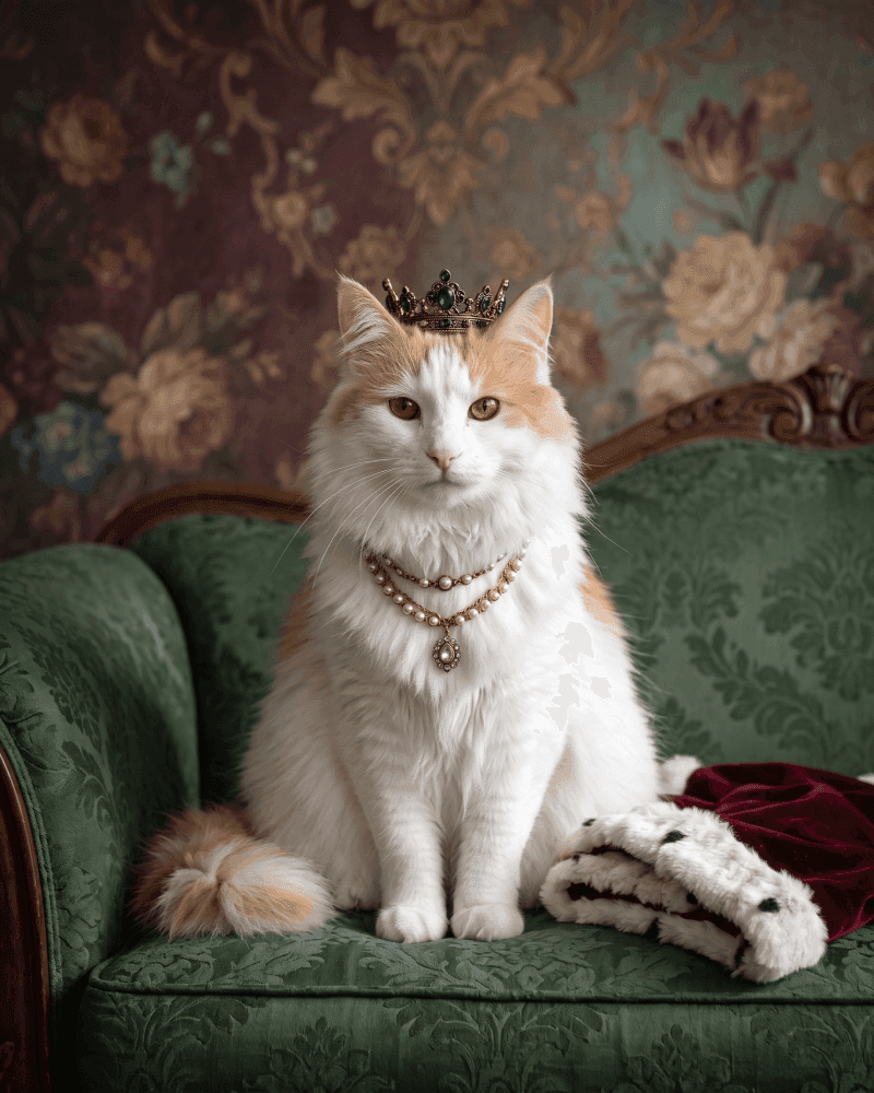 Long-haired ginger and white cat wearing a sapphire crown and pearl necklaces on a green damask sofa