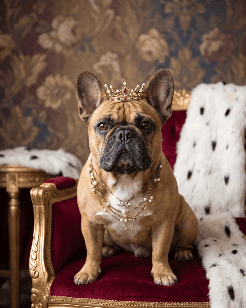 French bulldog wearing a pearl crown and layered necklaces on a red velvet chair