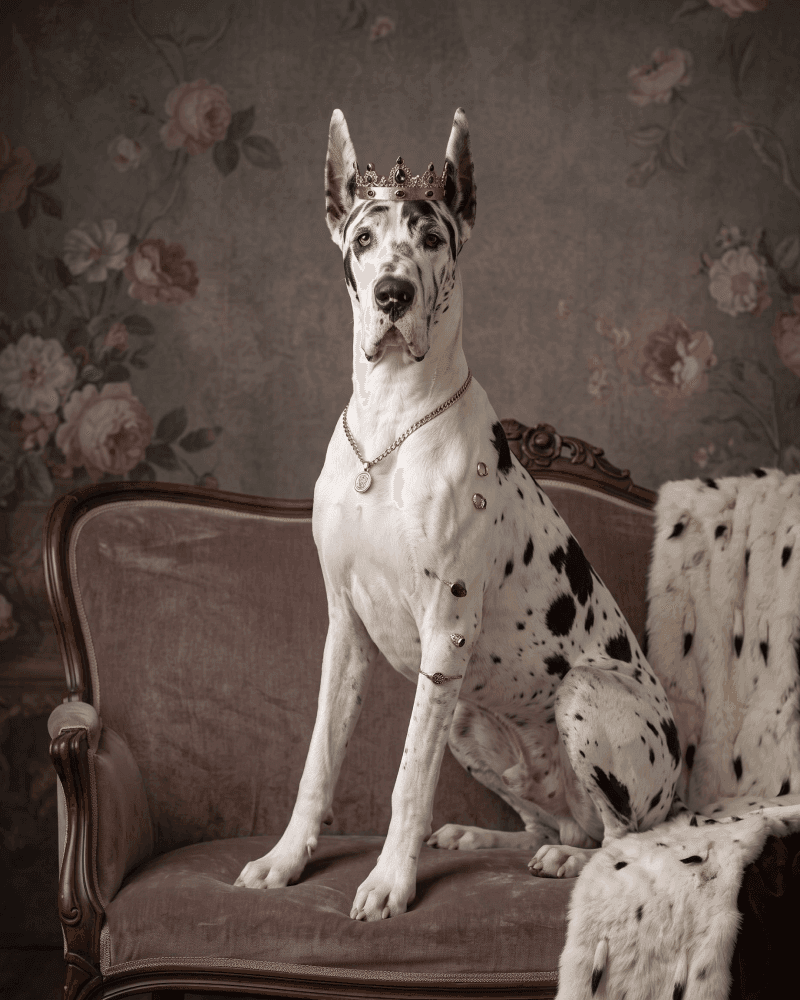 Harlequin Great Dane wearing a gold crown and chain on a mauve velvet settee