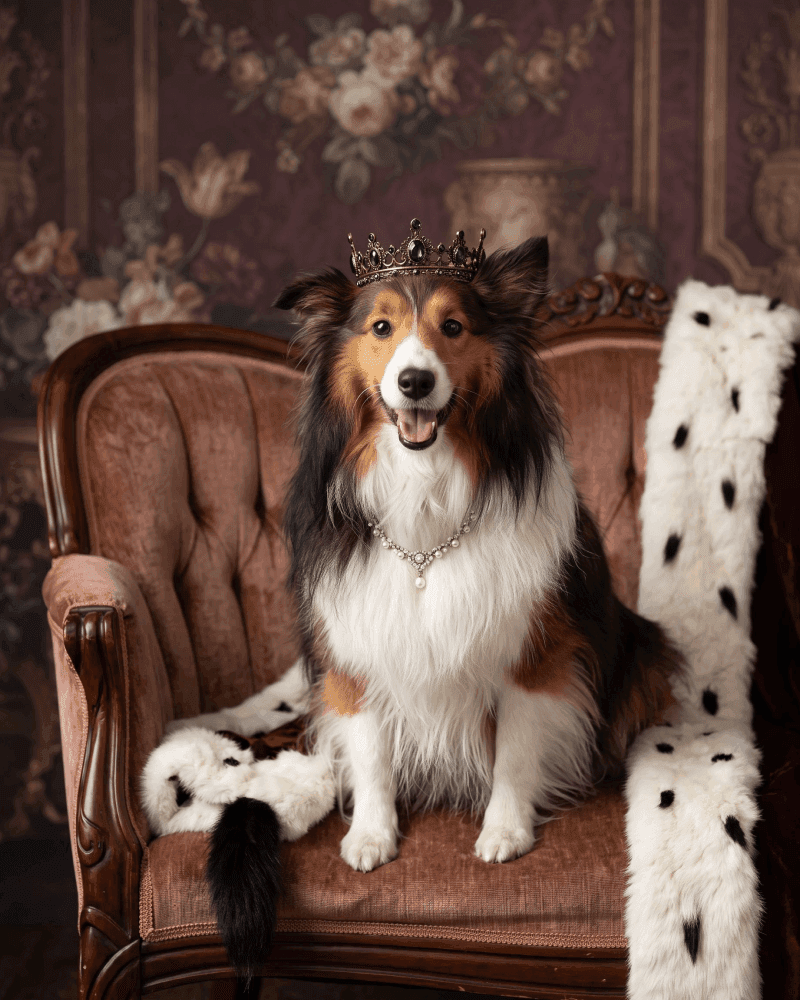 Shetland sheepdog wearing a gold crown and pearl necklace on an antique rose armchair