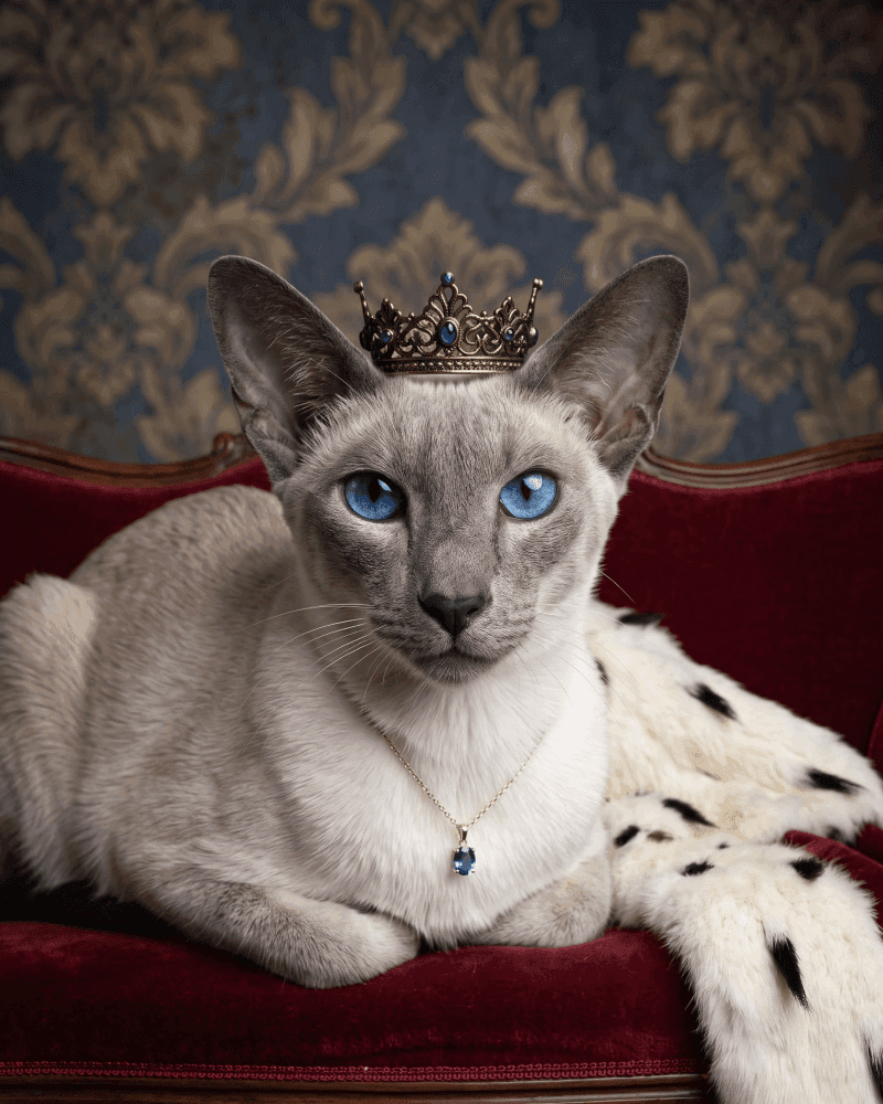 Blue-eyed Siamese cat wearing a sapphire crown and pendant on a red velvet sofa